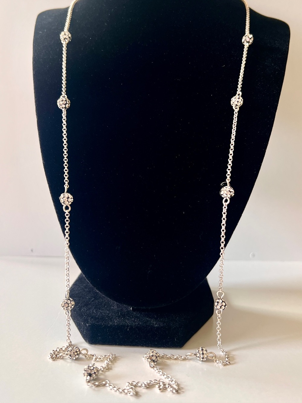 Liz Claiborne Silver Tone Long Station Necklace Rhinestone Pave Crystal Bead
